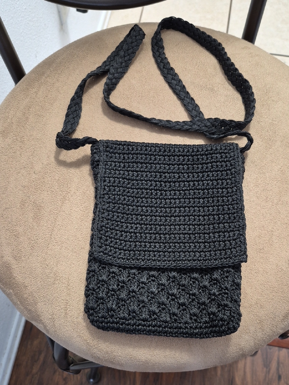 Handmade Black Crochet Crossbody Bag, Rayon